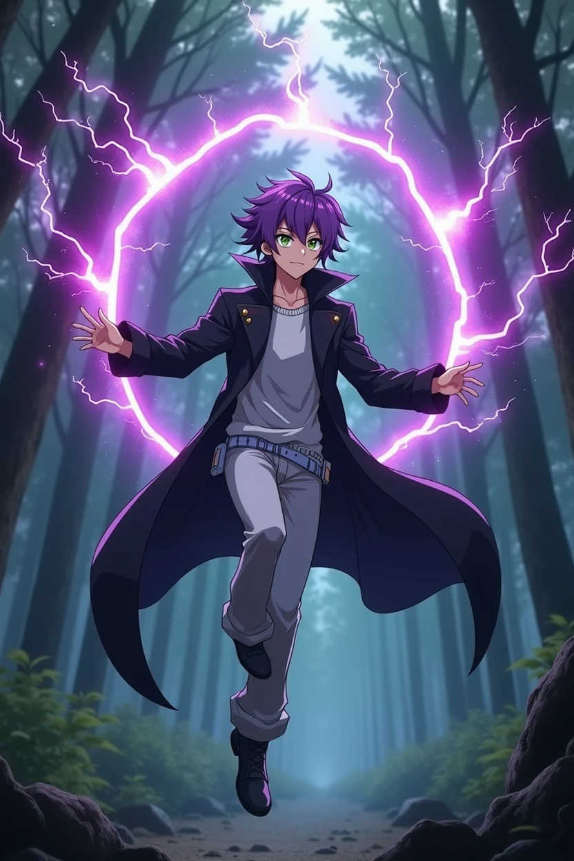  In an anime-style scene set in a mystical forest, a Genshin Impact-inspired character hovers in the air. The character is 187 cm tall, with average but striking features. His purple hair is styled in a mullet haircut, framing his green eyes that have a soft yet fierce expression. He's dressed in a black overcoat, white pants, and a white T-shirt. His clothes are dramatically swayed by the strong, gusty wind, emphasizing the intensity of the scene. Three glowing mana circles with crackling purple lightning hover behind him, showcasing his magical abilities. The character’s full body is shown, floating above the ground, with the mana circles adding a powerful aura around him. The dense, shadowy woods in the background add to the mystical and intense atmosphere.
