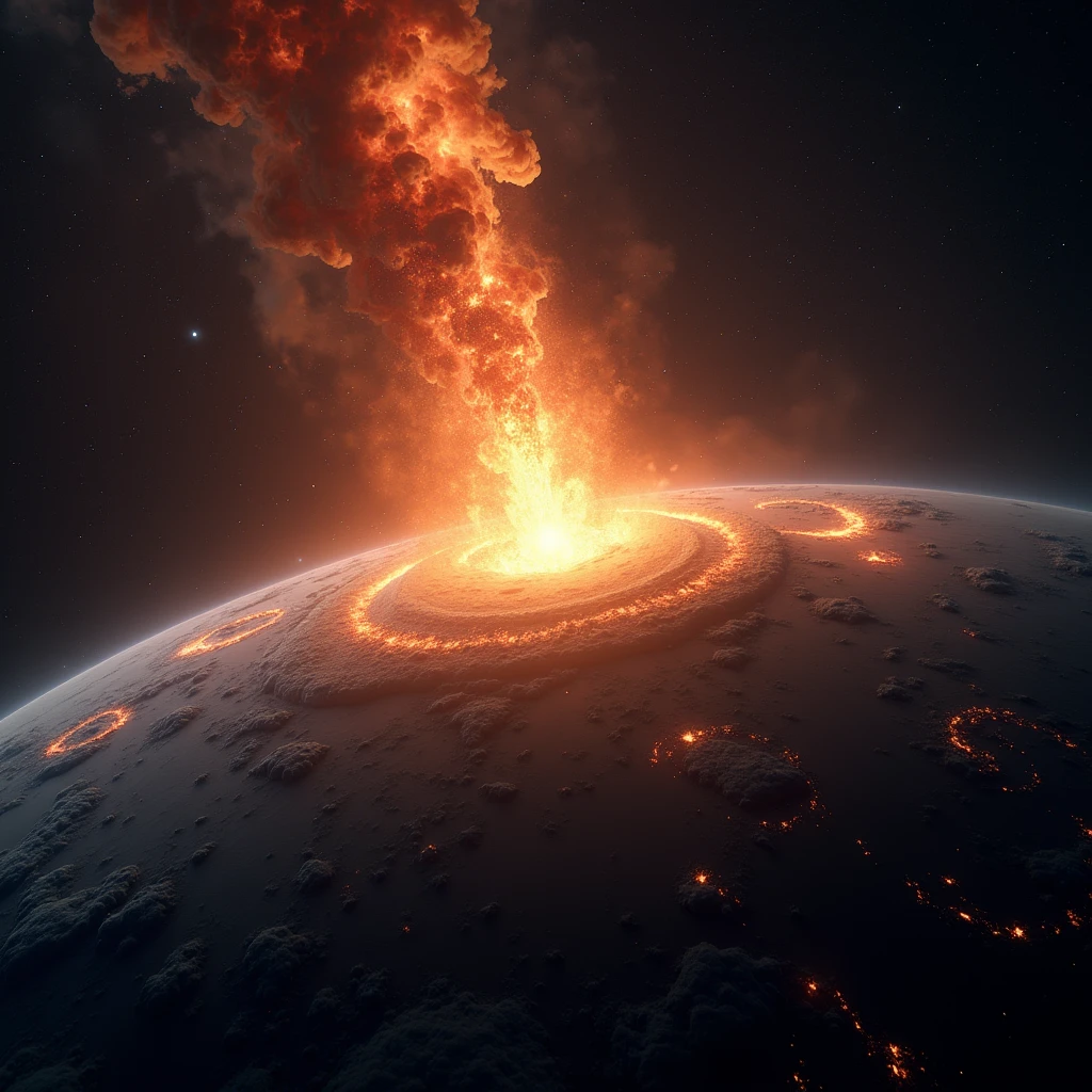 comet, huge explosion on earth surface, from above, 