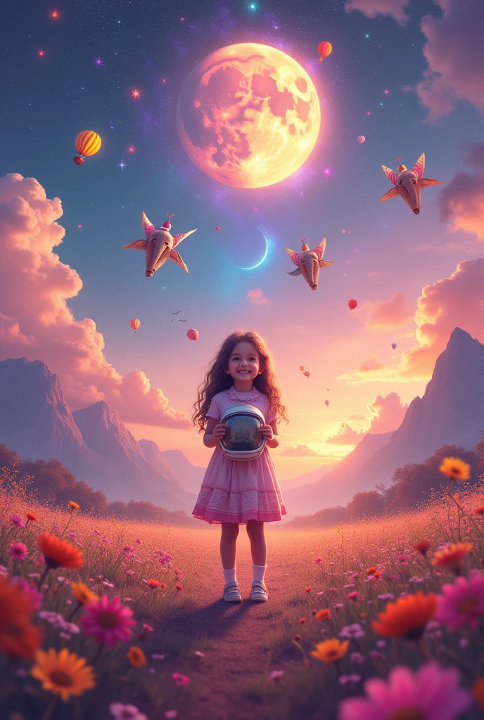 Vast landscape photography , (A view from Top, floating clouds above and the North Indian wide fields below), A girl standing in a flower field looking up, she is holding an Astronaut Mask, surrounded by colorful hot air balloons, (Elephants with butterfly wings: 2.2), (Clowns with big Hat: 2.2), (A small Pet Dog walking with the girl: 2.3), (full fantasy glowing Moon:2.2), (Taj Mahal:2.1),(Kutub Minar:1.2)( shooting star:0.9), (nebula:1.3), Distant Mountain, Tree break Production Art, (Warm light source:1.2), (fire Fly:1.2), lamp, Lots of purple and orange, Intricate details, Volumetric lighting, Realism Break (masterpiece:1.2), (highest quality), 4K, Super detailed, (Dynamic configuration:1.4), Very detailed, Colorful details,( Rainbow-colored:1.2), (Shining Lights, Atmospheric lighting), dream-like, Magic, (alone:1.2), Detailed girl happy face