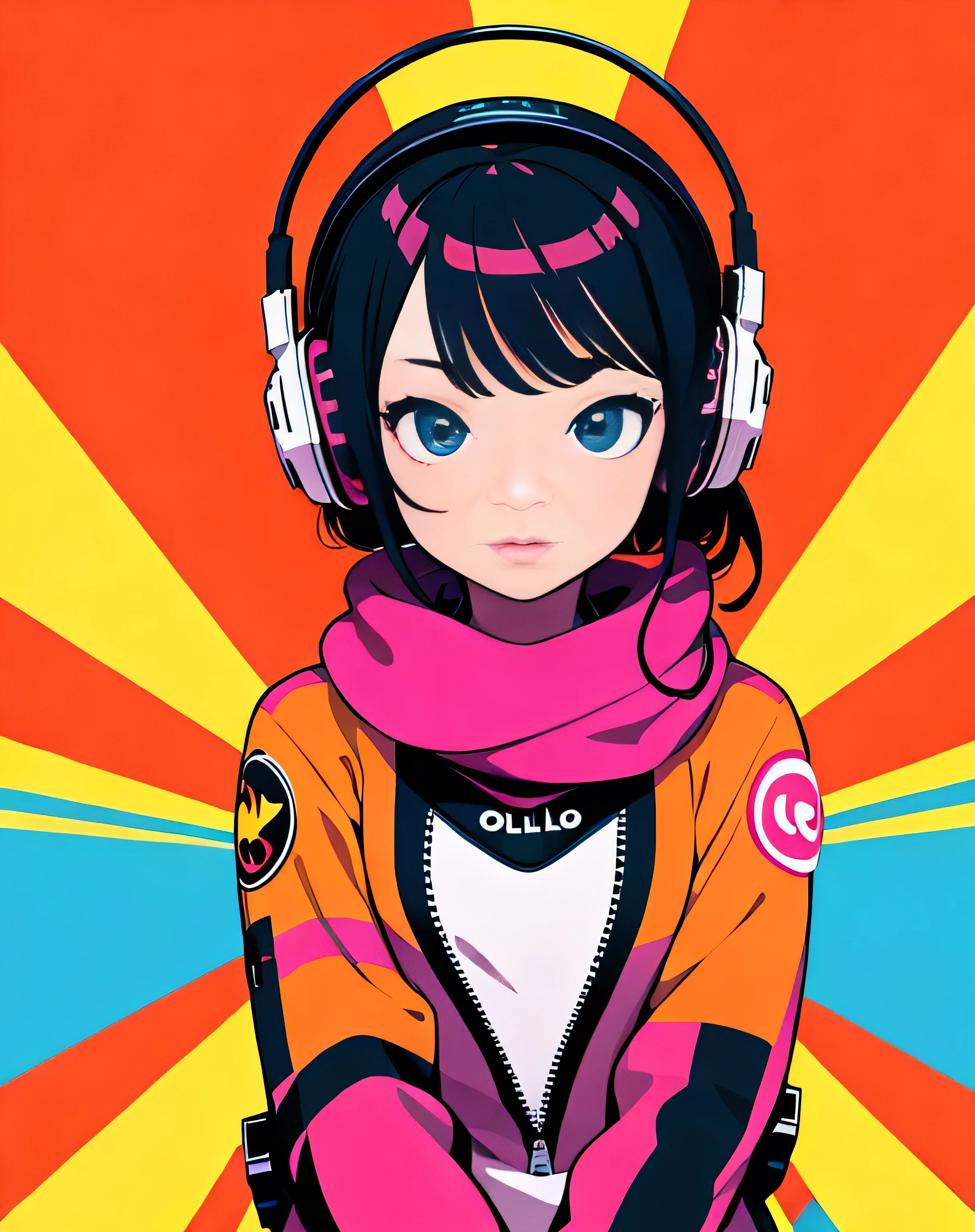 (Very detailed,Ultra-high resolution,Detailed Background),((2D)),((Flat Color)),((Calm colors)),((Floating Neon)),One Girl,alone,View your viewers, break, orange, Spray paint, graffiti, Girl in a white space suit with a helmet, Plush scarf, Full body image, Adult female, anatomically perfect face, Focus on the face, Modern Style,artistic,mobile composition,Unique Pattern,Bold Texture,colorful,Imaginative,Whimsical,Vibrant,like々Shii,Playful,Vibrant,creative,Expressive,stylish,tendency,Eat lollipops,Coca-Cola Poster,Headphones,