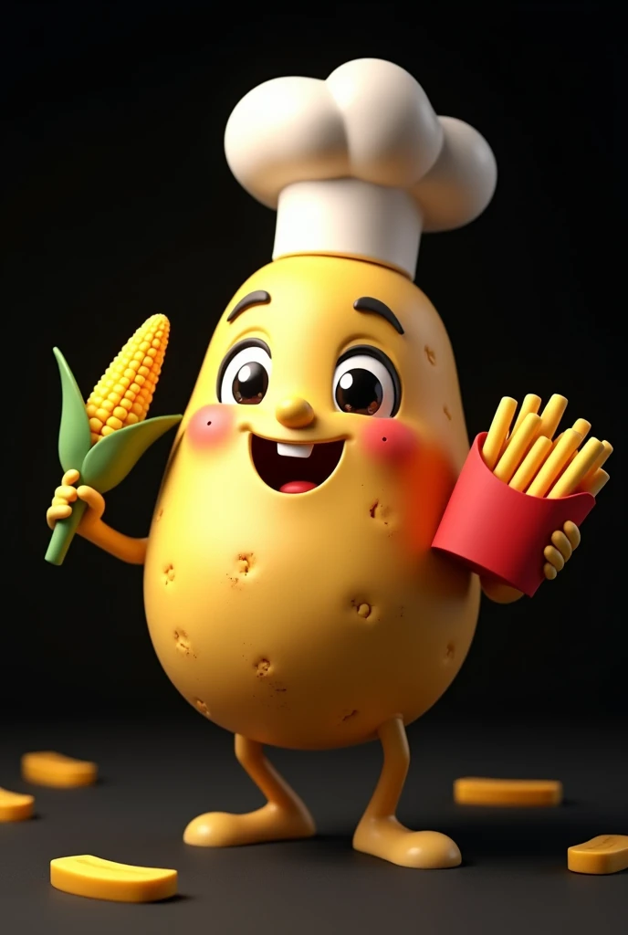 Create a potato with a cute face, smiling, with legs and with a corncob in the right hand and some French fries in the left, chef hat, that it is 3D drawing and black background