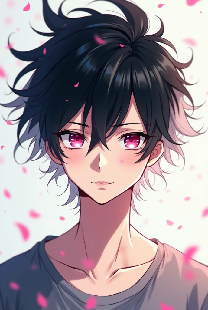 anime boy with messy black and white hair, deep pink eyes
