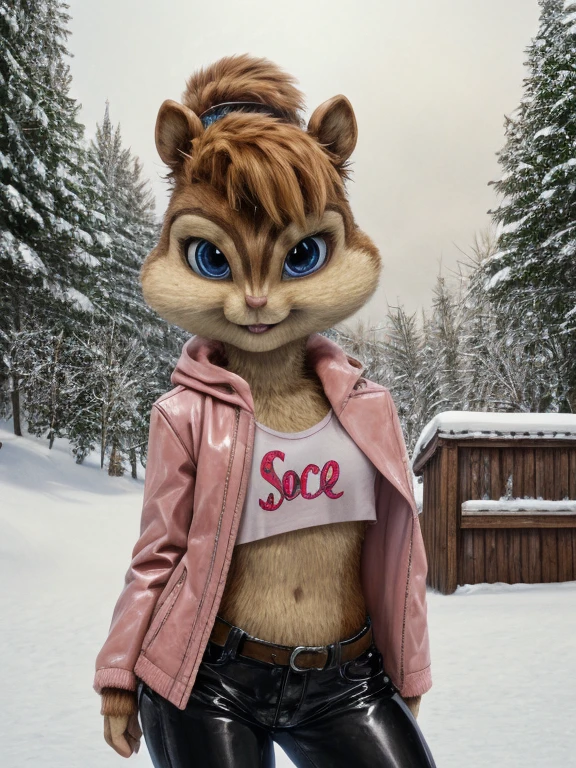 score_9, score_8_up, score_7, score_6, snow, brittany miller, chipmunk, furry, short ears, light pink shirt, pink leather coat, black leather pants, looking at viewer, 6 inches tall