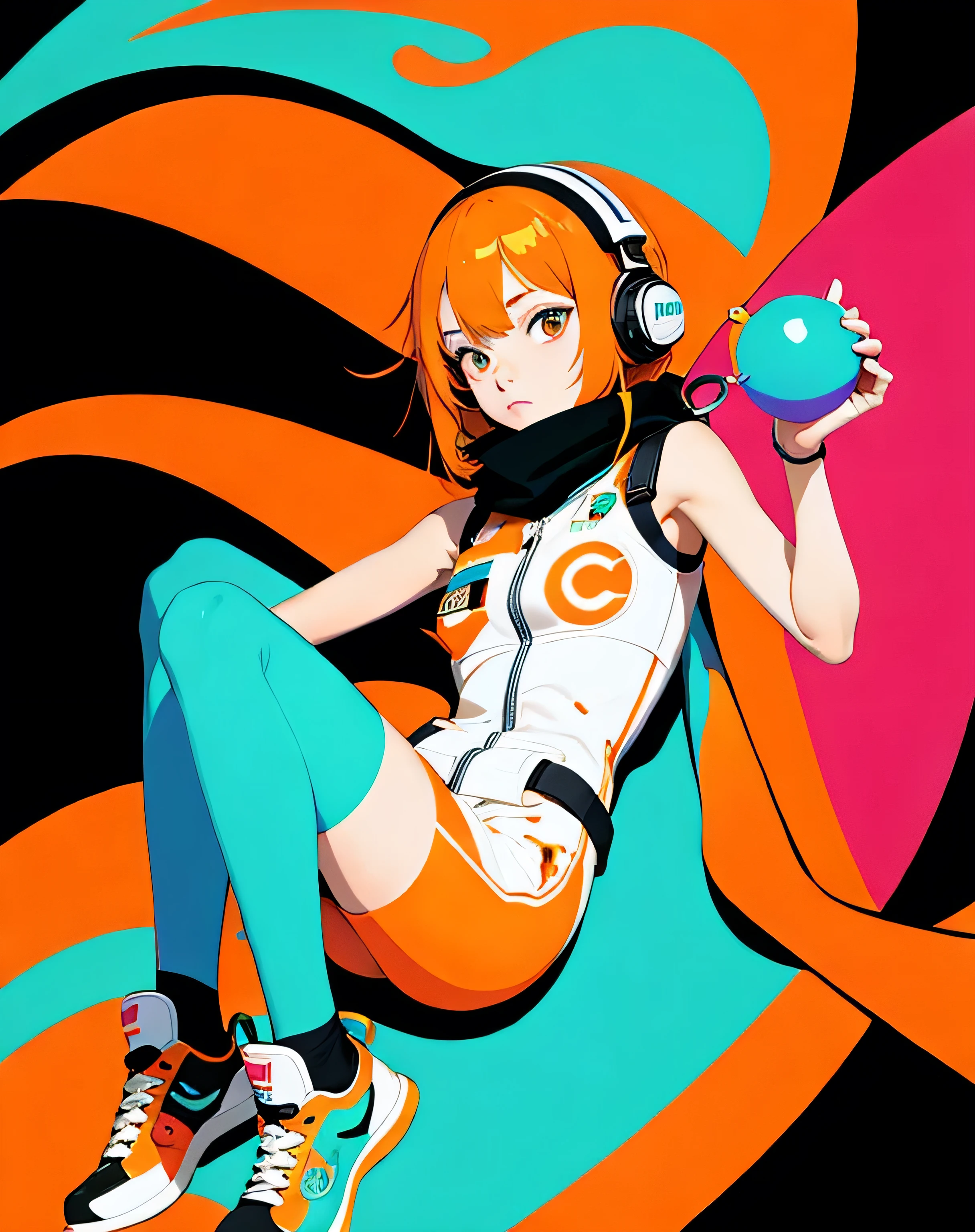 (Very detailed,Ultra-high resolution,Detailed Background),((2D)),((Flat Color)),((Calm colors)),((Floating Neon)),One Girl,alone,View your viewers, break, orange, Spray paint, graffiti, Girl in a white space suit with a helmet, Plush scarf, Full body image, Adult female, anatomically perfect face, Focus on the face, Modern Style,artistic,mobile composition,Unique Pattern,Bold Texture,colorful,Imaginative,Whimsical,Vibrant,like々Shii,Playful,Vibrant,creative,Expressive,stylish,tendency,Eat lollipops,Coca-Cola Poster,Headphones,