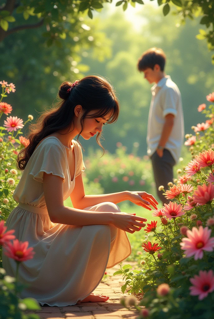 A beautiful girl who is sitting on her knees in garden and seeing and touching flowers like azaleas zinnias baslam and a beautiful boy in white shirt who is standing far and covering her from sunlight but she is unable to see him because of sunlight  
(I want girl facing  facing towards him)  
That girl in image should turn towards him
Boy should look at her and girl should look at him from far they looking at each other