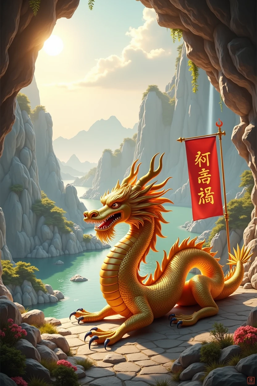 Chinese style golden dragon,Dragon on the ground,crystal洞穴,diamond洞窟,看見diamondcrystal洞穴,diamond,crystal,background chinese style,Mountains and rivers,dragon huge,background flag waving,flag write"Great"