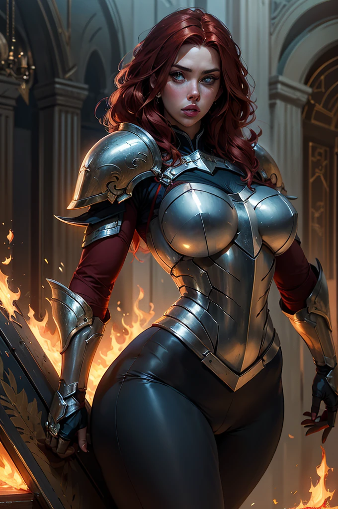 scarlett johansson, beautiful milf, red hair, seductive face, hourglass figure, large breasts, big hips, paladin, red armor, flame, fantasy theme, masterpiece, best quality, ultra detailed, realistic