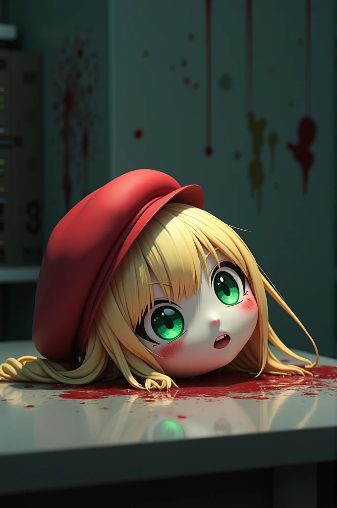 Vtuber Shigure Ui's severed head is on the desk。
Shigure Uito has blonde hair and green eyes、Wearing a red round hat。
