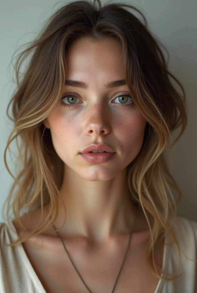 A 22 year old white woman with dark blonde wavy hair, a large Greek nose with a drooping tip, small eyes with drooping eyelids and small lips, a round face