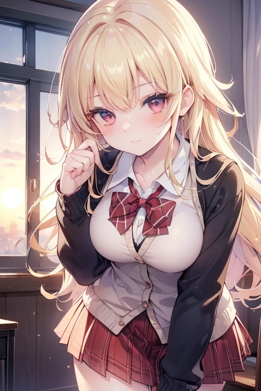 masterpiece, highest quality, High resolution, SA1, blonde hair, uniform, white shirt, skirt, チェック柄skirt, open shirt, bra is very,