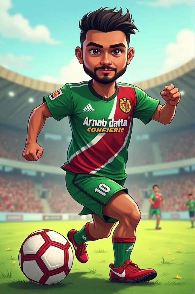 Created an cartoon image of an 27 years old man with short beards and Short hairs not to long hairs. Playing football wearing Mohun Bagan original Jersey with written number 10 and Name - Arnab Datta on Back and front of the jersey.
