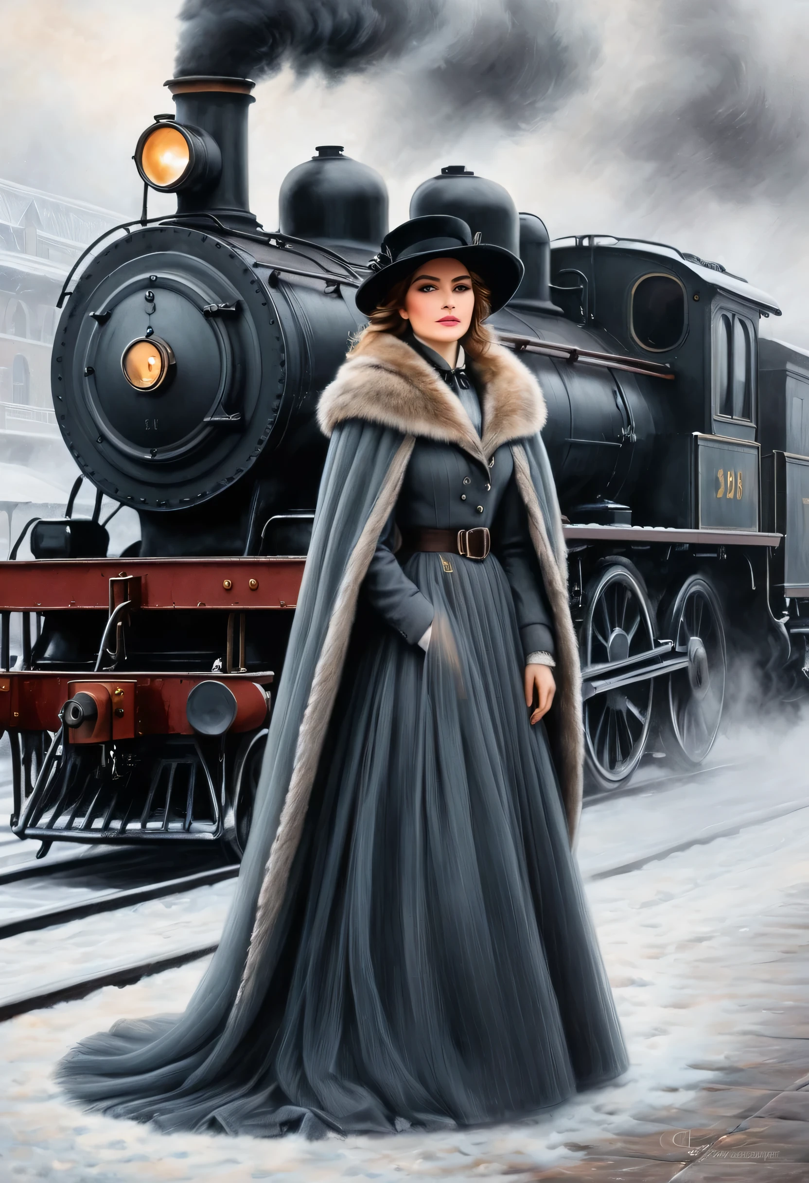 cake, black pencil haching, Charcoal drawing, toned paper, Drawing pencil,
A historical scene set in a foggy train station. foreground, on camera, Anna Karenina, dressed in elegant 19th century winter attire, including a fur cover, ha, if you play (((motion display mode, In front of the locomotive: 1.5))) under the locomotive. The train emits steam, creating a dramatic and nostalgic atmosphere. Ao fundo, details of the railway station with an industrial structure, vintage feel.