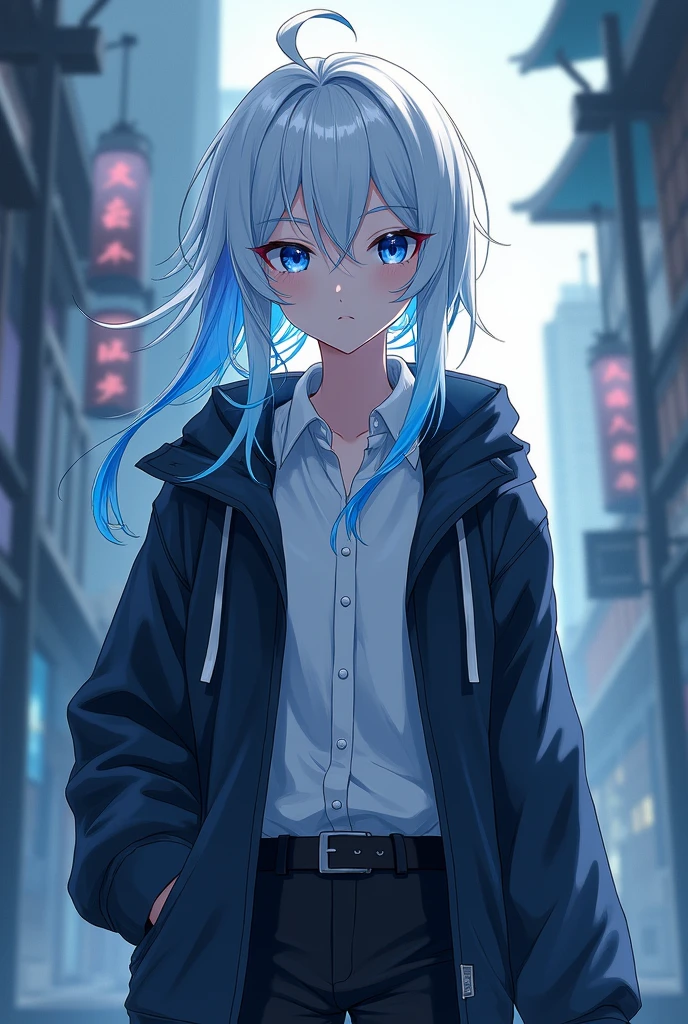 An anime character that has white hair with blue roots, Ume mi ya style version of a windbreaker with blue eyes, medium-long hair with black pants and a white shirt that has the personality of Yukio from Soul of Yokai