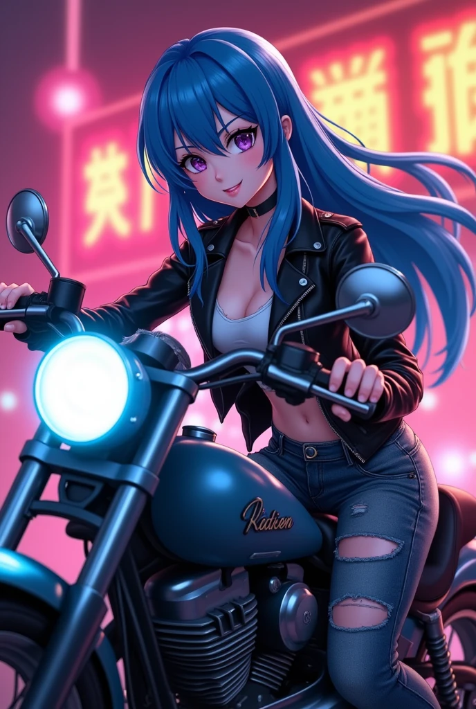 Cool anime girl, blue hair, wearing a leather jacket and ripped jeans, riding a motorcycle, neon lights.