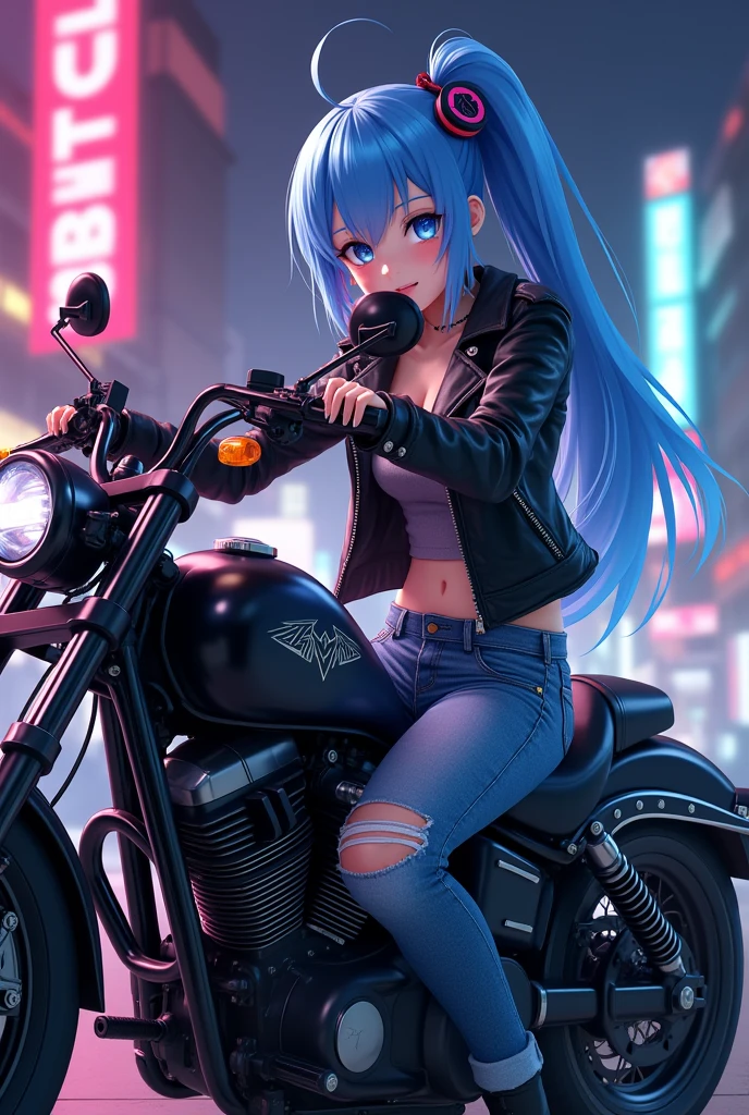 Cool anime girl, blue hair, wearing a leather jacket and ripped jeans, riding a motorcycle, neon lights.