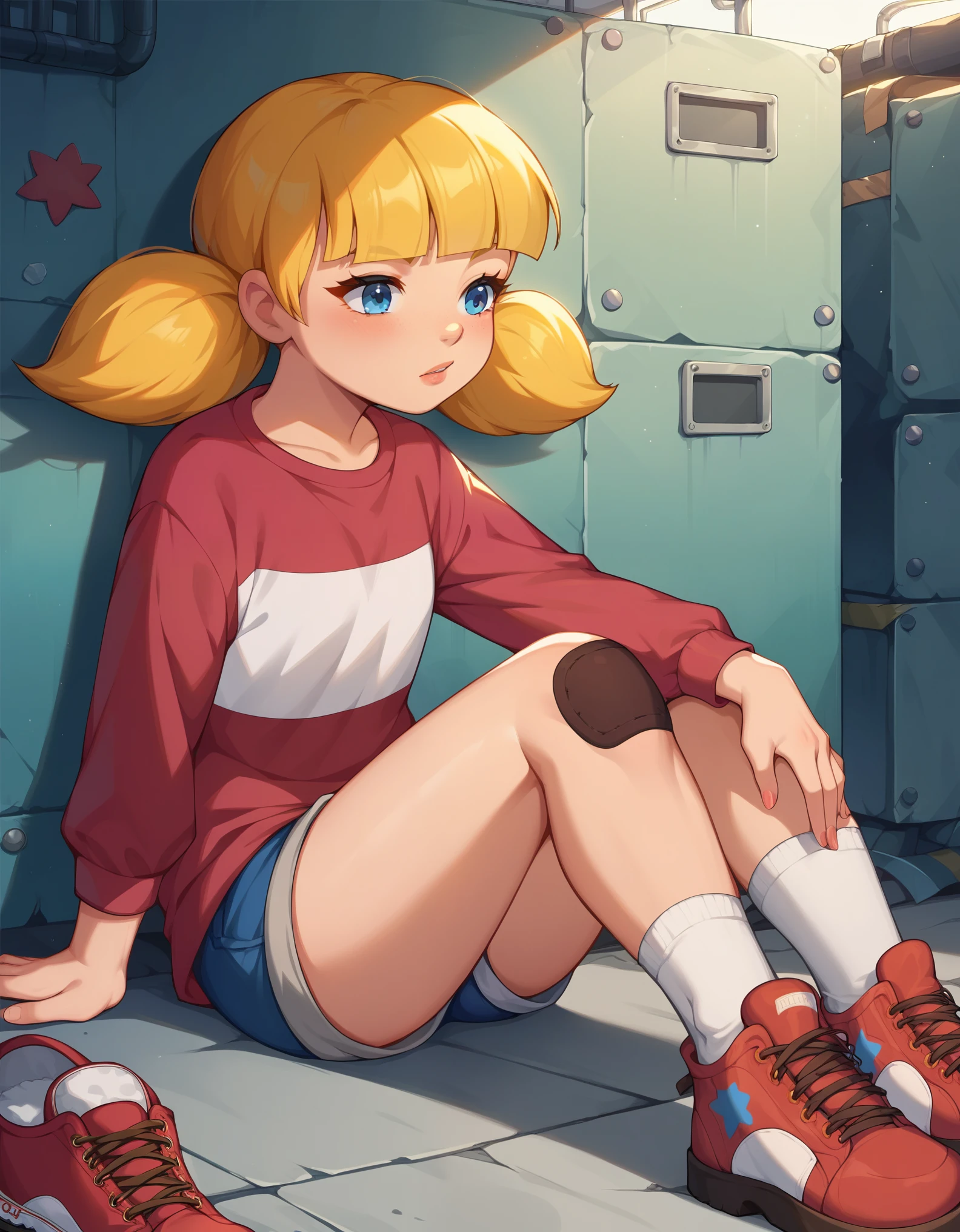 score_9, score_8_up, score_7_up, penny, blonde hair, twintails, blue eyes, red shirt, stripe, knee patch, dim lighting factory