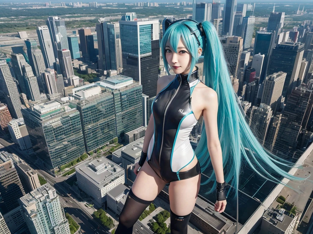 Description of Super MAX Giant、Clone avatar depiction、8k、Realistic、Hatsune Miku、Cosplay、Japanese women、Cosplayイヤー、The Art of Alter Ego、Large Breasts、smile、超巨大Cosplayイヤー、超巨大Hatsune Miku、Highly detailed depiction of the Colossus Titan、超高層ビルよりも極大に大きいHatsune Miku、A very very small big city, Miniature metropolis, 靴の高さしかないMiniature metropolisで、Full body description、Highly detailed clone art、hatsune miku one girl clones, 1 girl is cloned、Hatsune Mikuがたくさん、Hatsune Mikuの増殖、crowd、congestion、Delicate depiction of an alter-ego、top view