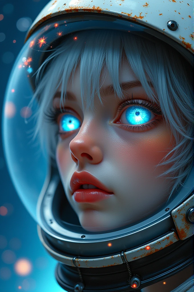 (Close-up of a better masterpiece:1.5)0.9], (Space and astronauts:1.2) (Messy silver hair:1.1) (Heterochromia xanthochromia and blue eyes:1.2) (Space Helmet:1.0) (Colored stars in the eyes:1.0) (A radiant glow:1.1) (thick lips:0.9)