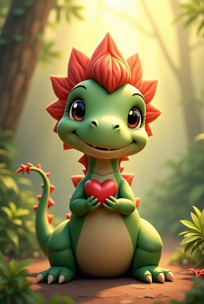 Female Dinosaur, Linda, cute and adorable with short red hair and green skin, Holding a heart