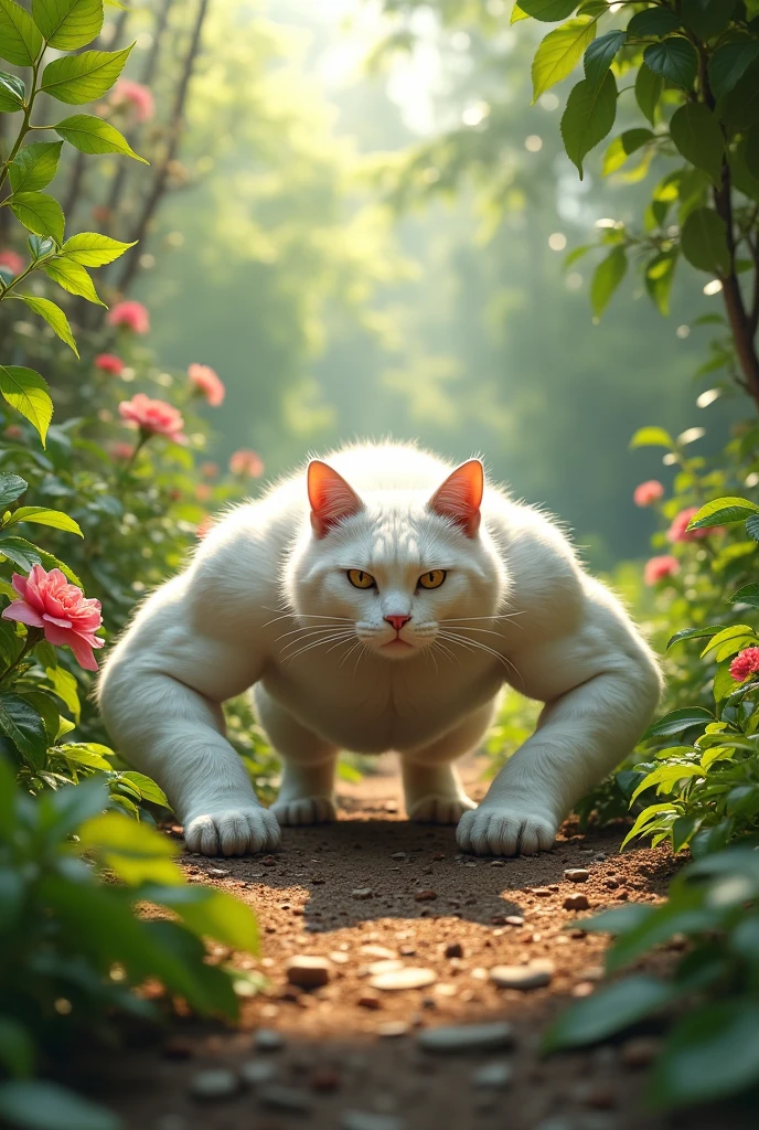 A body builder cat with white skin, doing pushup, background garden