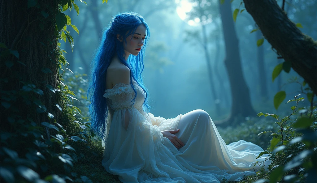 (photorealism:1.2), beautiful woman, forest, goth dress, long blue hair, dark lighting, plants background, moonlight, relaxed pose, realistic, intricate details, cold colors, cinematic lighting, dramatic atmosphere, ethereal, mystical, surreal, fantasy, enchanted, elegant, captivating