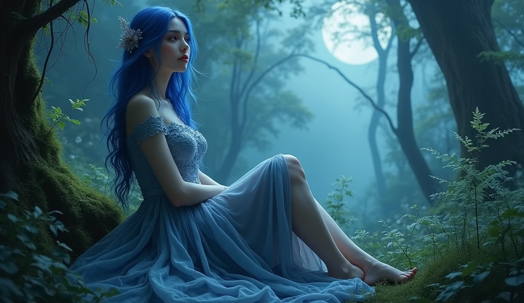 (photorealism:1.2), beautiful woman, forest, goth dress, long blue hair, dark lighting, plants background, moonlight, relaxed pose, realistic, intricate details, cold colors, cinematic lighting, dramatic atmosphere, ethereal, mystical, surreal, fantasy, enchanted, elegant, captivating