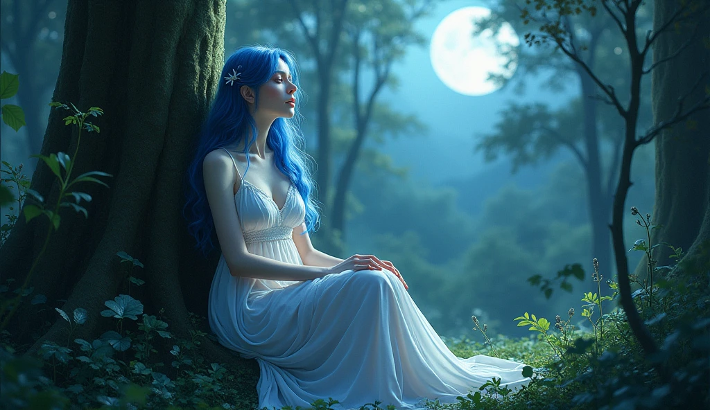 (photorealism:1.2), beautiful woman, forest, goth dress, long blue hair, dark lighting, plants background, moonlight, relaxed pose, realistic, intricate details, cold colors, cinematic lighting, dramatic atmosphere, ethereal, mystical, surreal, fantasy, enchanted, elegant, captivating