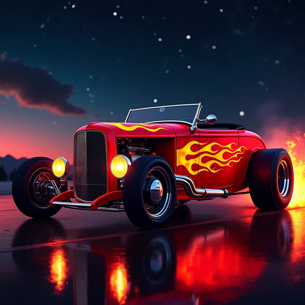 (masterpiece, best quality, ultra-detailed, 8K),50s retro style with modern neon aspect, 1932 Ford Roadster Hot Rod, street racing inspired, LED, ((Twin headlights)), (((Bright flame paint job down the sides of the bright red body of the car))), (Black racing wheels), Wheelspin showing motion, Show car in motion, Burnout, masterpiece, best quality, realistic, ultra highres, (((depth of field))), (full dual colour neon lights:1.2), (hard dual color lighting:1.4), (detailed background), (masterpiece:1.2), (ultra detailed), (best quality), intricate, comprehensive cinematic, magical photography, (gradients), glossy, Night with galaxy sky, Fast action style, fire out of tail pipes, Sideways drifting in to a turn, flame paint with on candy apple metal flake red painted body, aesthetic,intricate, realistic,cinematic lighting,