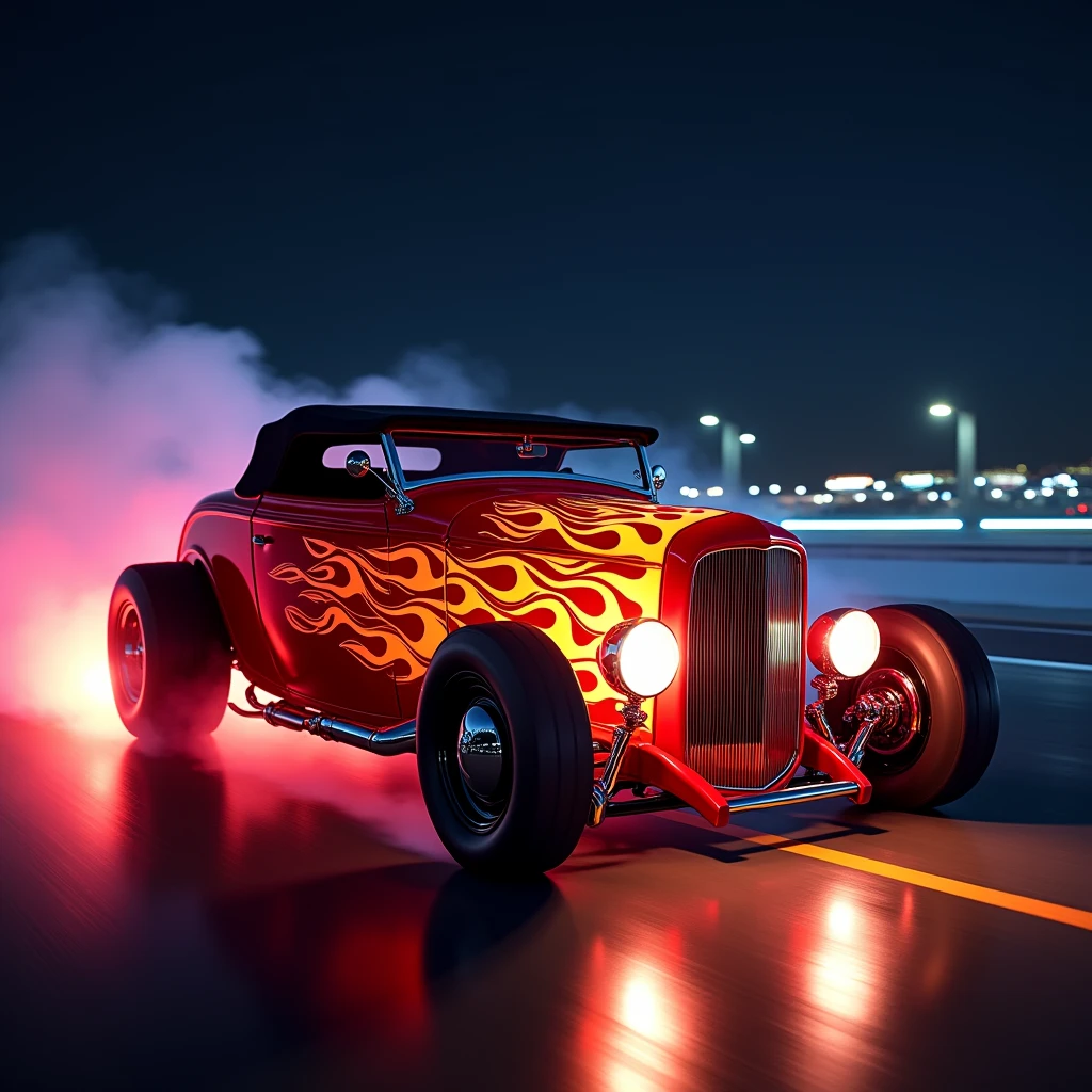 (masterpiece, best quality, ultra-detailed, 8K),50s retro style with modern neon aspect, 1932 Ford Roadster Hot Rod, street racing inspired, LED, ((Twin headlights)), (((Bright flame paint job down the sides of the bright red body of the car))), (Black racing wheels), Wheelspin showing motion, Show car in motion, Burnout, masterpiece, best quality, realistic, ultra highres, (((depth of field))), (full dual colour neon lights:1.2), (hard dual color lighting:1.4), (detailed background), (masterpiece:1.2), (ultra detailed), (best quality), intricate, comprehensive cinematic, magical photography, (gradients), glossy, Night with galaxy sky, Fast action style, fire out of tail pipes, Sideways drifting in to a turn, flame paint with on candy apple metal flake red painted body, aesthetic,intricate, realistic,cinematic lighting,