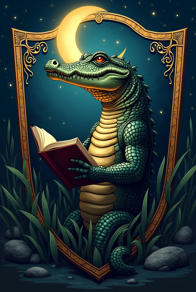 Shield for banner of an alligator studying at night