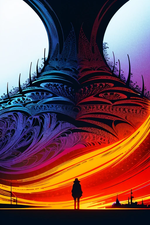 Movie Poster Style、complex pattern、fractal fur pattern、(eyvind Earle:1.4) and (alan moore:1.4) Знаменитая работа: Величественное жуткое чудовище, (зверь:1.5), сияющие глаза.big nails、leafy skin、bent corner、dappled light、dramatic sky、rays of moonlight、high contrast、It's hazy、(colorful:1.2)、Dark corners、Super detailed、8k、UHD