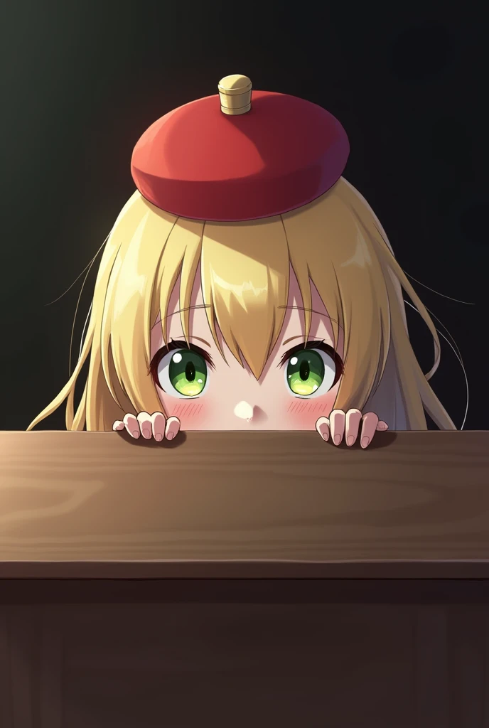 The severed head of Vtuber Shigure Ui is peeking out from above the desk.。
Shigure Uito has blonde hair and green eyes、Wearing a red round hat。