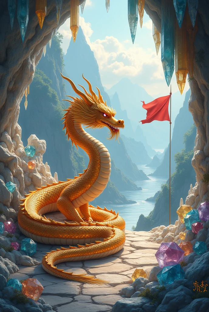 Chinese style golden dragon,Dragon on the ground background,crystal洞穴,diamond洞窟,看見diamondcrystal洞穴,diamond,crystal,background chinese style,Mountains and rivers,dragon huge,background flag waving,七彩crystal