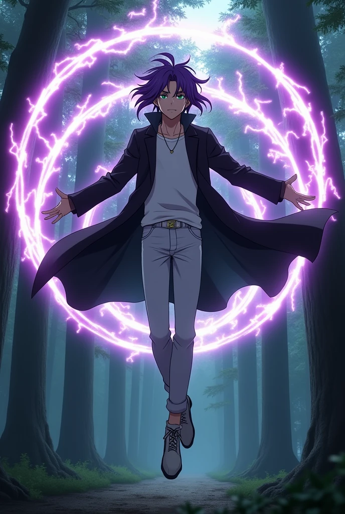  In an anime-style scene set in a mystical forest, a Genshin Impact-inspired character hovers in the air. The character is 187 cm tall, with average but striking features. His purple hair is styled in a mullet haircut, framing his green eyes that have a soft yet fierce expression. He's dressed in a black overcoat, white pants, and a white T-shirt. His clothes are dramatically swayed by the strong, gusty wind, emphasizing the intensity of the scene. Three glowing mana circles with crackling purple lightning hover behind him, showcasing his magical abilities. The character’s full body is shown, floating above the ground, with the mana circles adding a powerful aura around him. The dense, shadowy woods in the background add to the mystical and intense atmosphere.
