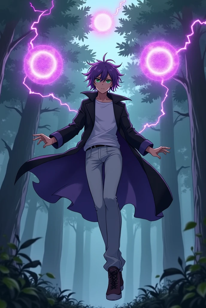  In an anime-style scene set in a mystical forest, a Genshin Impact-inspired character hovers in the air. The character is 187 cm tall, with average but striking features. His purple hair is styled in a mullet haircut, framing his green eyes that have a soft yet fierce expression. He's dressed in a black overcoat, white pants, and a white T-shirt. His clothes are dramatically swayed by the strong, gusty wind, emphasizing the intensity of the scene. Three glowing mana circles with crackling purple lightning hover behind him, showcasing his magical abilities. The character’s full body is shown, floating above the ground, with the mana circles adding a powerful aura around him. The dense, shadowy woods in the background add to the mystical and intense atmosphere.
