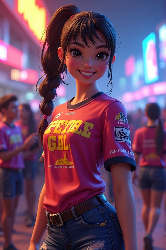 A young chubby woman with esports jersy and has a Pretty GAL name on the back
