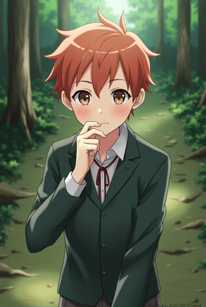 (Masterpiece:1.2, Best Quality), Forest, A Boy, Boy, Redhead, School Uniform, Thinking