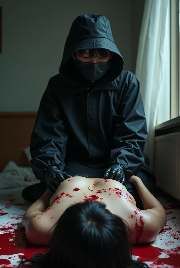 korean girl, (behind corpse, surgical mask), blood splatter, holding knife, stabbing, leather gloves, room full of blood, transparent raincoat, trucker hat, holding knife, leather gloves, behind corpse, very long hair, night, mass murderer, robbery, in the hotel,
