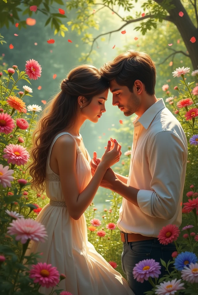 A beautiful girl who is sitting on her knees in garden and seeing and touching flowers like azaleas zinnias baslam and a beautiful boy in white shirt who is standing far and covering her from sunlight but she is unable to see him because of sunlight
(I want girl facing facing towards him)
That girl in image should turn towards him
Boy should look at her and girl should look at him from far they looking at each other
Can she look at the boy