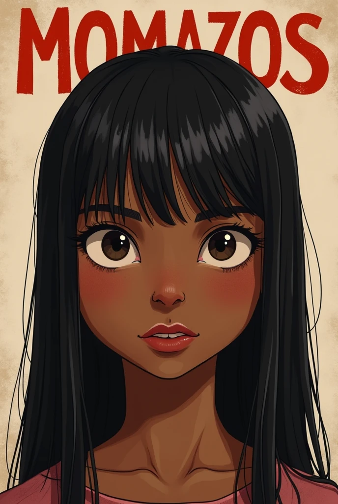 A 13 year old girl, with a slightly tender face, dark skin tone and straight black hair, with a large and striking text that says "Momazos Nadia"