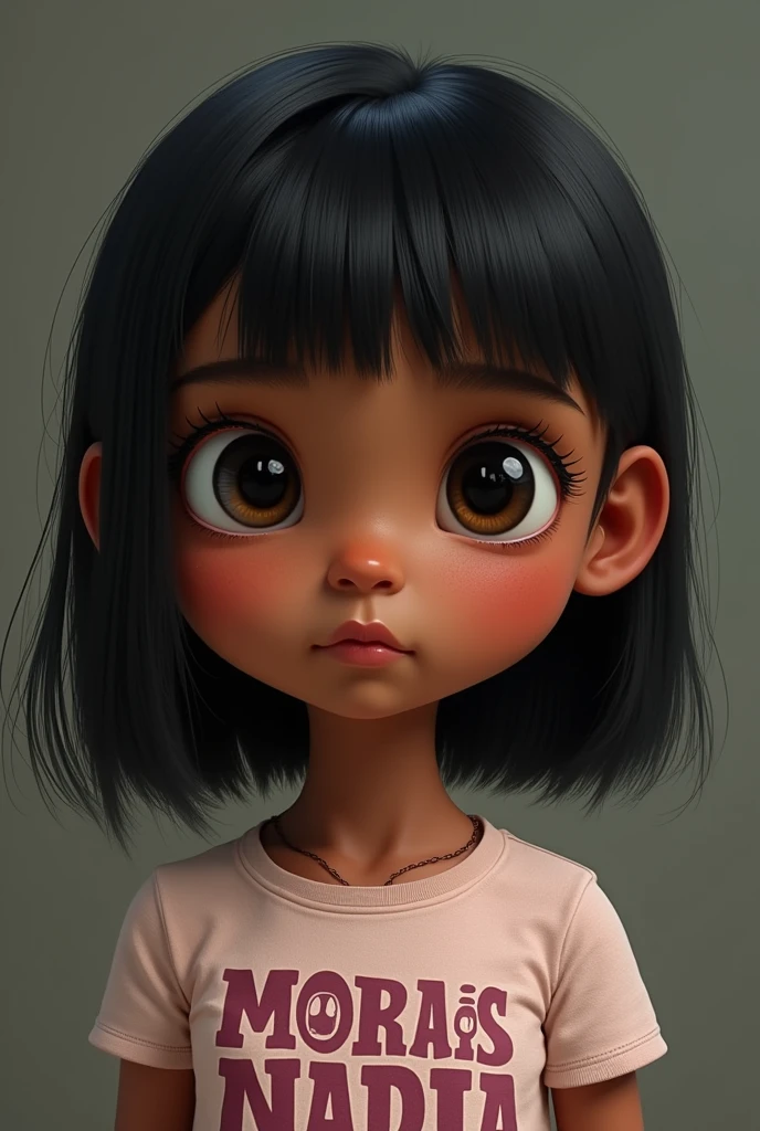 A girl, with a slightly tender face, dark skin tone and straight black hair, with a large and striking text that says "Momazos Nadia"