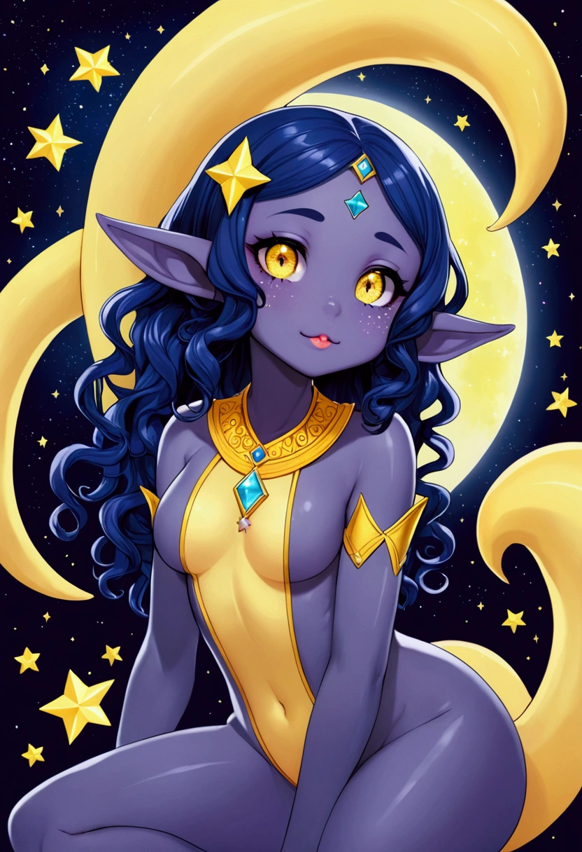 A shy female alien with light colored Midnight purple skin, curly/fluffy Dark blue hair with white glittered tiny stars that’s shoulder length, doe shaped Midnight blue eyes with star shaped pupils that are glowing pastel yellow, Pear body shaped; Small breast with wide hips, thick butt and thighs, Diamond shaped freckles on cheeks that shimmers, yellow tongue, Thick big tail which is 6ft long on her lower back, have dog hind-limbs with four toes and a dewclaw, long pointed elf ears wearing an oversized sweater 