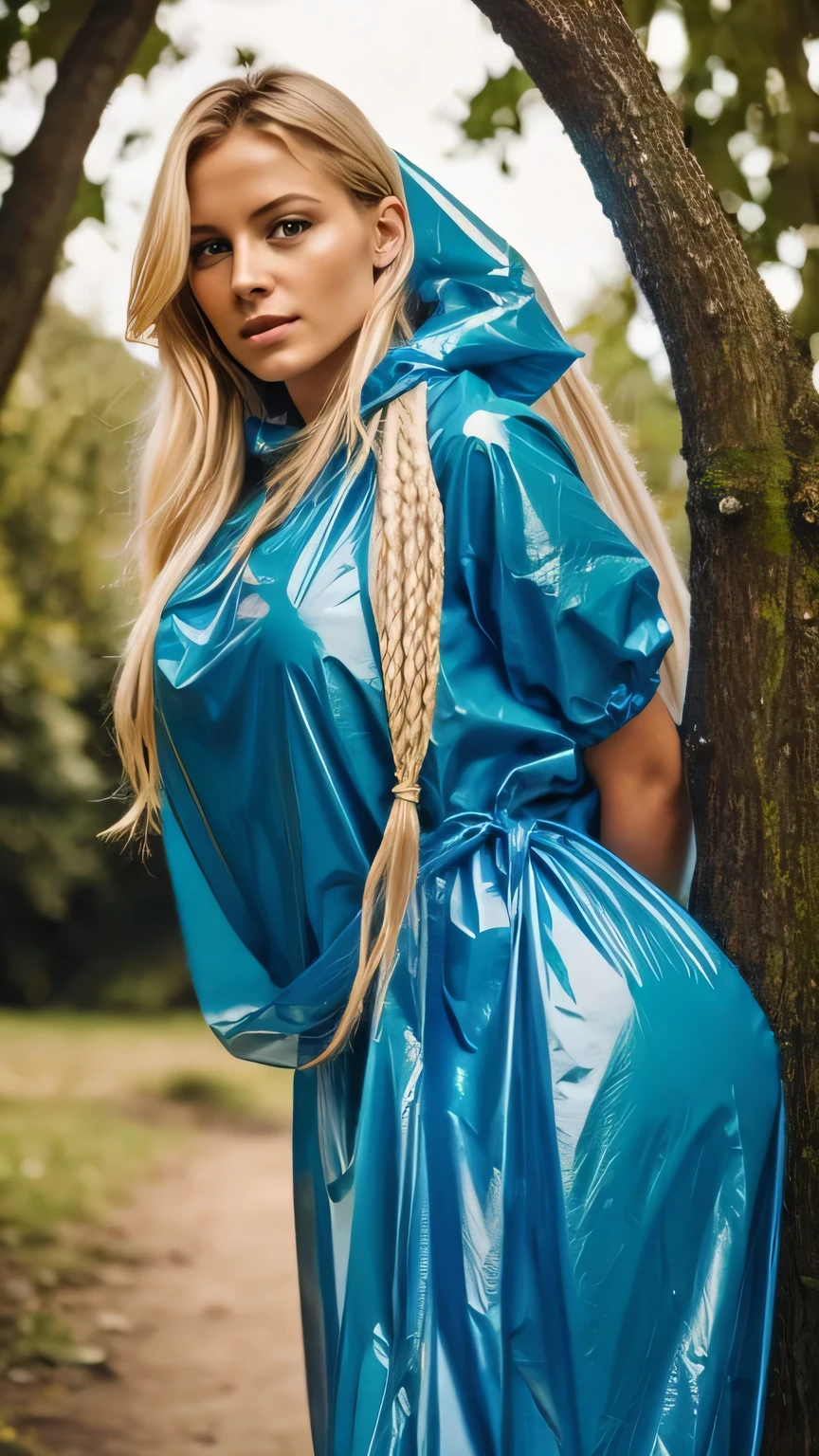 a stunningly beautiful blond woman completely wrapped up from head to toe in blue plastic garbage bags is tightly tied up with rope wrapped around her like a helpless living mummy, she is completely covered with plastic, she is hangig from a tree by a rope, forced against her will, bright day, extremely photorealistic photo, highly detailed photo, portrait 