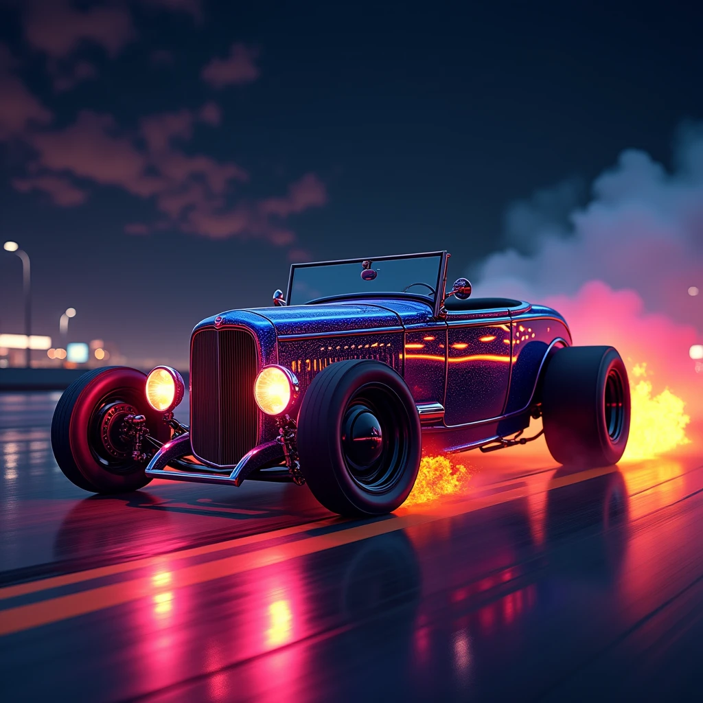(masterpiece, best quality, ultra-detailed, 8K), 1932 Ford Roadster Hot Rod, street racing-inspired,Drifting inspired, LED, ((Twin headlights)), (((Bright neon color racing stripes))), (Black racing wheels), Wheelspin showing motion, Show car in motion, Burnout, wide body kit, modified car, racing livery, masterpiece, best quality, realistic, ultra highres, (((depth of field))), (full dual colour neon lights:1.2), (hard dual color lighting:1.4), (detailed background), (masterpiece:1.2), (ultra detailed), (best quality), intricate, comprehensive cinematic, magical photography, (gradients), glossy, Night with galaxy sky, Fast action style, fire out of tail pipes, Sideways drifting in to a turn, Neon galaxy metalic paint with race stripes, aesthetic,intricate, realistic,cinematic lighting, Neon Paint, streaks of fire,