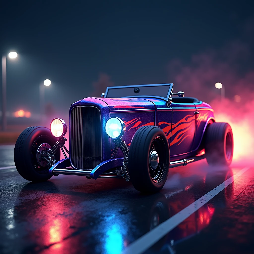 (masterpiece, best quality, ultra-detailed, 8K), 1932 Ford Roadster Hot Rod, street racing-inspired,Drifting inspired, LED, ((Twin headlights)), (((Bright neon color racing stripes))), (Black racing wheels), Wheelspin showing motion, Show car in motion, Burnout, wide body kit, modified car, racing livery, masterpiece, best quality, realistic, ultra highres, (((depth of field))), (full dual colour neon lights:1.2), (hard dual color lighting:1.4), (detailed background), (masterpiece:1.2), (ultra detailed), (best quality), intricate, comprehensive cinematic, magical photography, (gradients), glossy, Night with galaxy sky, Fast action style, fire out of tail pipes, Sideways drifting in to a turn, Neon galaxy metalic paint with race stripes, aesthetic,intricate, realistic,cinematic lighting, Neon Paint, streaks of fire,