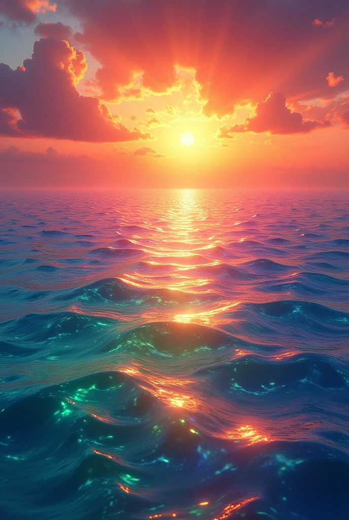 A sunset over a rainbow-colored ocean