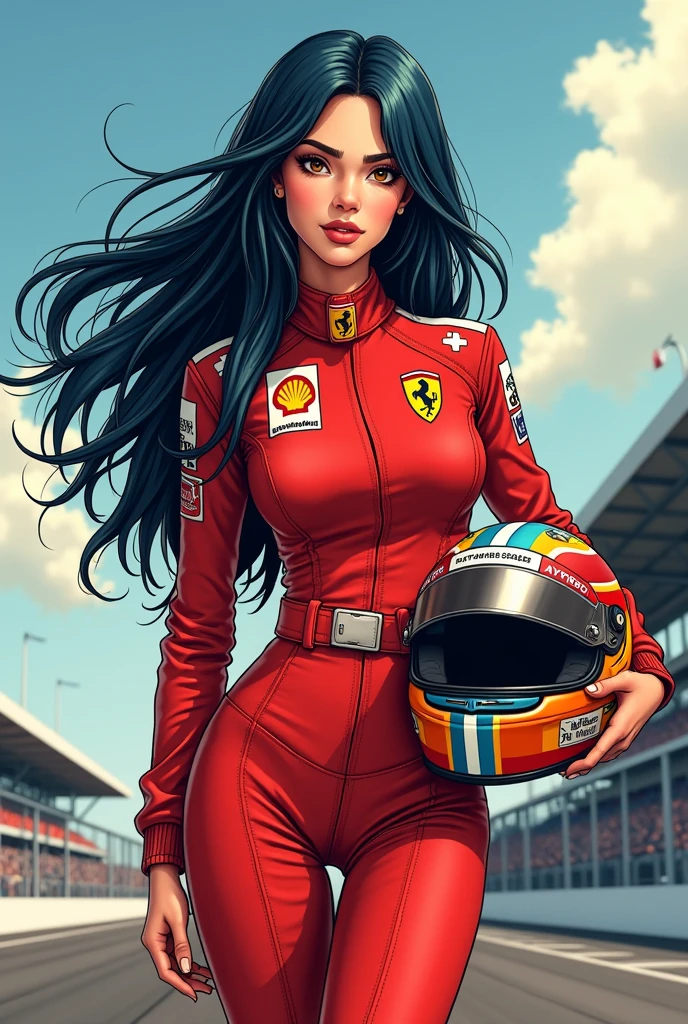 a tattoo of a woman 1 meter and 60 centimeters tall and weighing 55 kilos, long hair at butt level in a straight blue-black cut and extremely straight. This woman's face is thin and delicate, she looks like the character Violetta from The Incredibles, but her eyes are light brown., almost honey.
She is wearing Ayrton Senna's overalls and holding his Formula 1 helmet. She is at the racetrack and her hair is blowing in the wind.