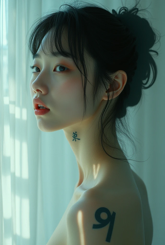 editorial photography,super detailed background,Super realistic,double exposure,depth of field,beauty super slender skinny vibes,soft focus tone,narrative scene,open lips,number tattoo,kanji tattoo,