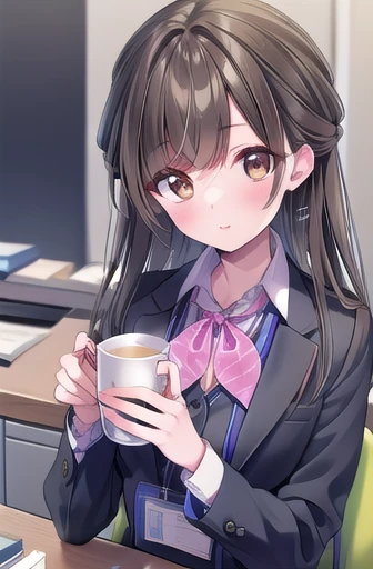 (masterpiece:1.2),Highest quality,Pixiv,Amagi Shino Office Lady,
One girl,cup,独奏,Brown Hair,Long Hair,chest,View your viewers,Brown eyes,office lady,OL,
office,