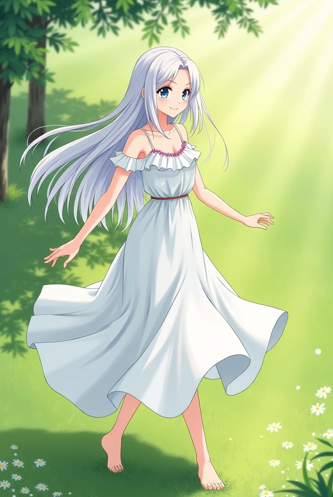 Graceful anime girl, long flowing white hair, wearing a flowing white dress, dancing in a meadow, sunlight streaming through trees.